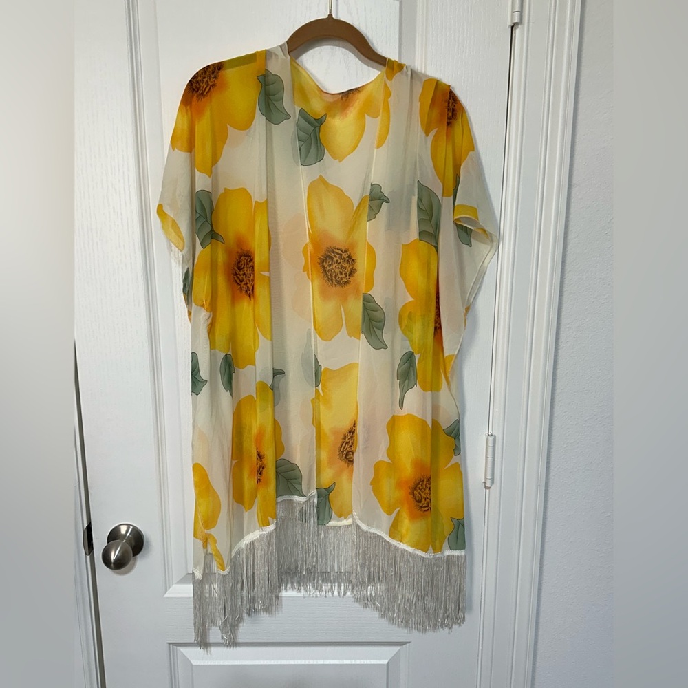 Floral Sheer Kimono with Fringe